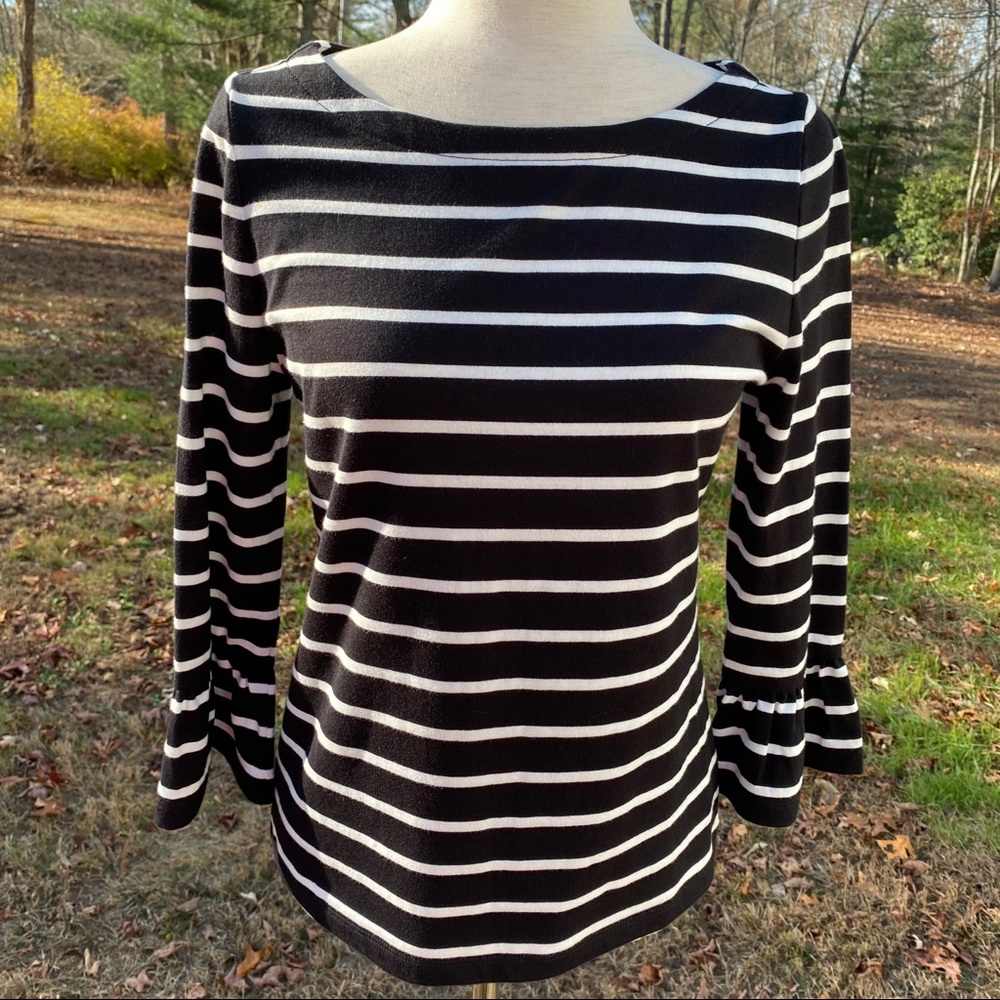 KATE SPADE TOP TEE BLACK WHITE STRIPE 3/4 SLEEVE RUFFLE CUFF Size S